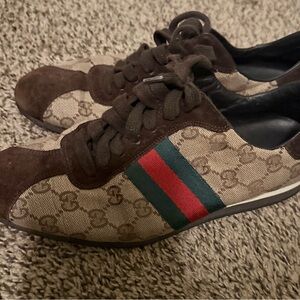Authentic Gucci Brown and Tan Sneakers with Green and Red Stripe